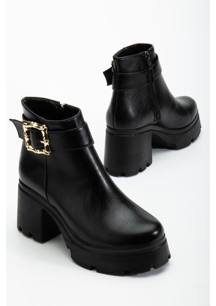 Siyah Kadın Platform Topuklu Bot Tokalı Suni Deri