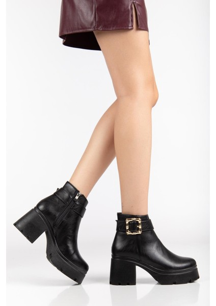 Siyah Kadın Platform Topuklu Bot Tokalı Suni Deri fiyatları