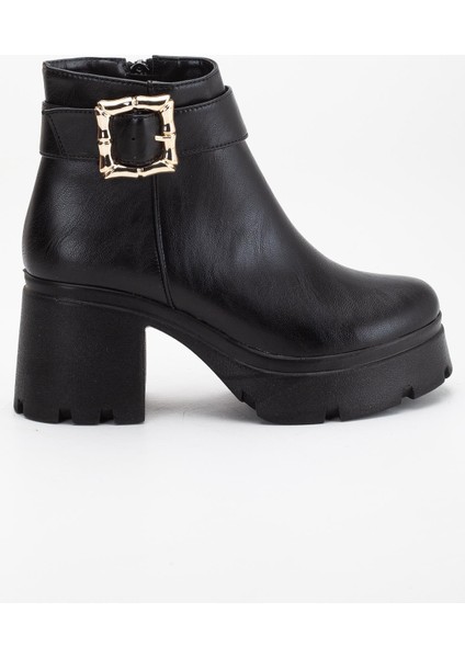 Siyah Kadın Platform Topuklu Bot Tokalı Suni Deri modelleri