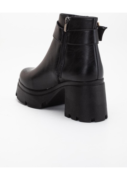 Siyah Kadın Platform Topuklu Bot Tokalı Suni Deri indirimleri