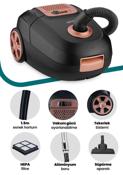 Yüksek Kapasiteli Hız Ayarlı Elektrikli Süpürge, Siyah Gold, 4 Litre Toz Torbası fiyatları