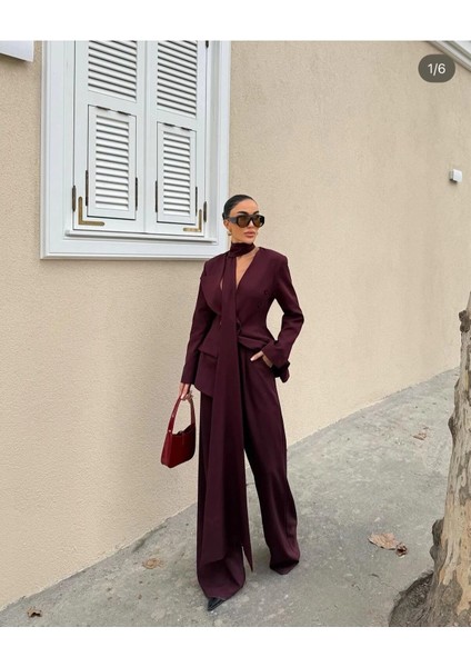Kadın Modern Tasarım Şal Detaylı Pantolon Ceket Takımı