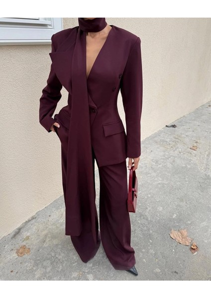 Kadın Modern Tasarım Şal Detaylı Pantolon Ceket Takımı
