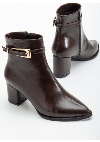 Kahverengi Kadın Topuklu Bot Kırışık Rugan Sivri Kalıp Tan Tokalı