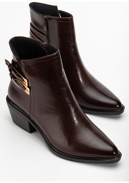 Kadın Topuklu Bot Kahve Rugan Sivri Vestern Toaklı