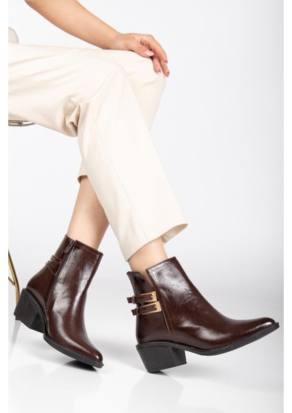 Kadın Topuklu Bot Kahve Rugan Sivri Vestern Toaklı fiyatları