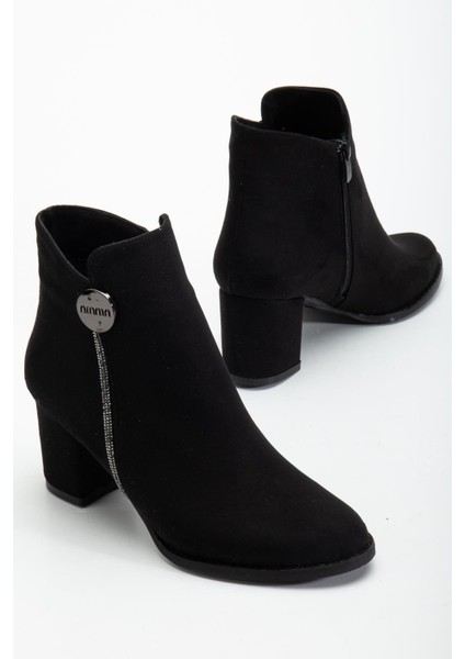 Siyah Kadın Topuklu Bot Süet Taş Detaylı Yuvarlak Burun
