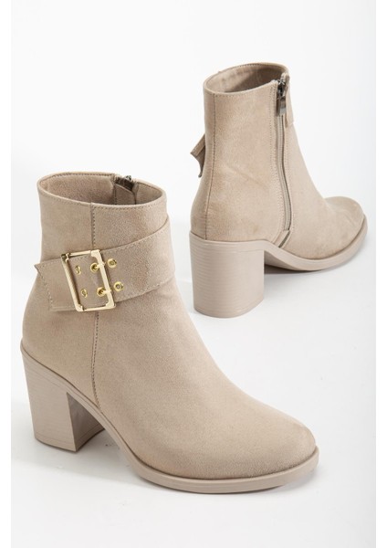Kadın Topuklu Bot Bej Süet Hazır Taban Yan Tokalı