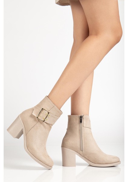 Kadın Topuklu Bot Bej Süet Hazır Taban Yan Tokalı fiyatları