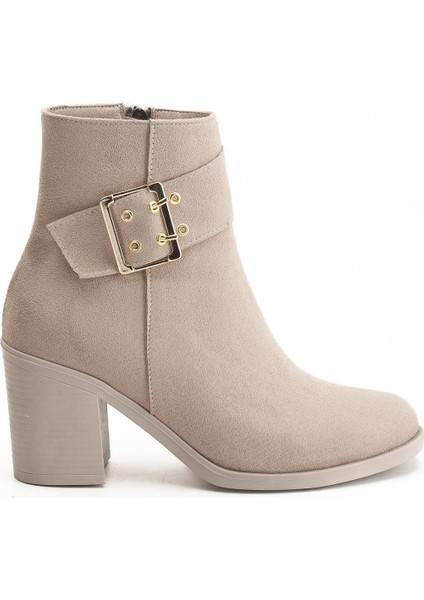 Kadın Topuklu Bot Bej Süet Hazır Taban Yan Tokalı modelleri