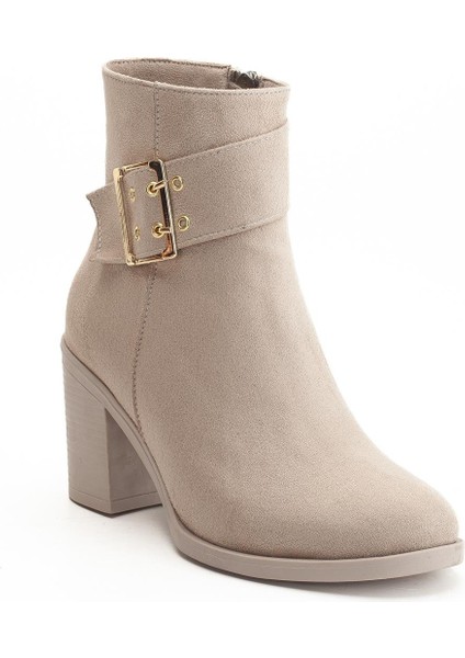 Kadın Topuklu Bot Bej Süet Hazır Taban Yan Tokalı fırsatları