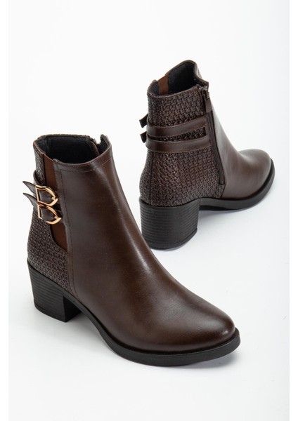 Kahverengi Kadın Topuklu Bot Hasır Detaylı Suni Deri Tokalı