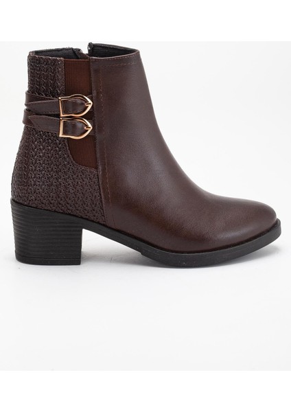 Kahverengi Kadın Topuklu Bot Hasır Detaylı Suni Deri Tokalı modelleri