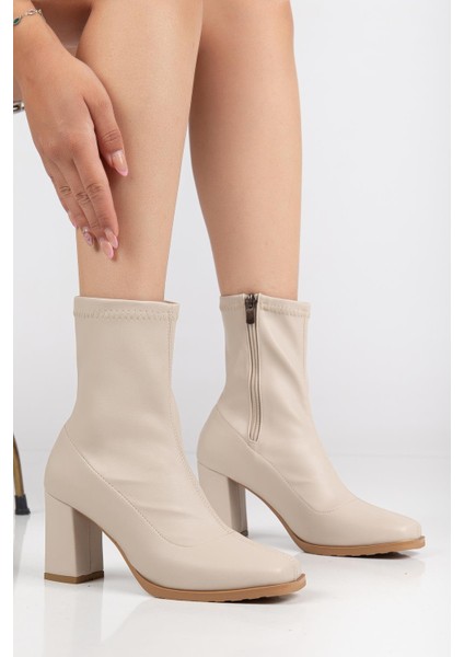 Bej Kadın Topuklu Bot Streç Suni Deri Küt Burunlu Kalın Topuklu