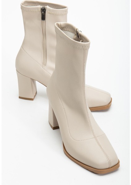 Bej Kadın Topuklu Bot Streç Suni Deri Küt Burunlu Kalın Topuklu fiyatları