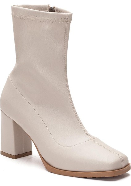 Bej Kadın Topuklu Bot Streç Suni Deri Küt Burunlu Kalın Topuklu fırsatları