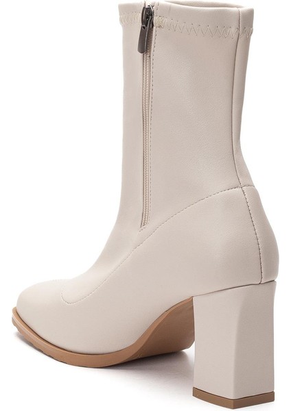 Bej Kadın Topuklu Bot Streç Suni Deri Küt Burunlu Kalın Topuklu indirimleri
