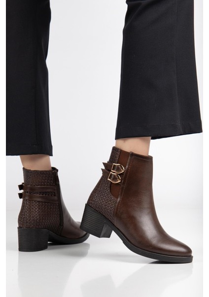 Kahverengi Kadın Topuklu Bot Hasır Detaylı Suni Deri Tokalı fiyatları