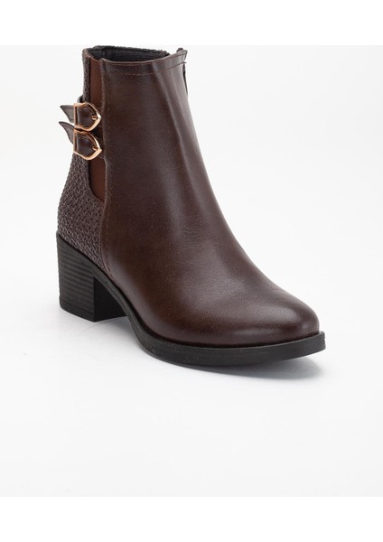 Kahverengi Kadın Topuklu Bot Hasır Detaylı Suni Deri Tokalı fırsatları