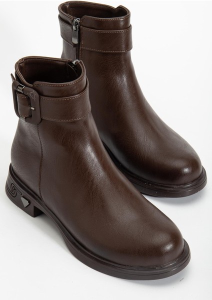 Kahverengi Kadın Bot Suni Deri Kauçuk Taban Tokalı