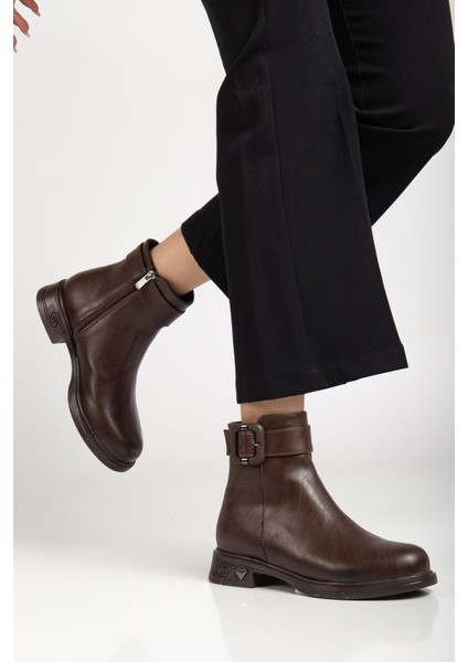Kahverengi Kadın Bot Suni Deri Kauçuk Taban Tokalı fiyatları