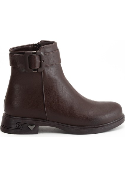 Kahverengi Kadın Bot Suni Deri Kauçuk Taban Tokalı modelleri