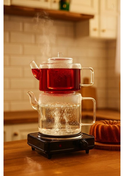 Bohem 1100 ml + 2000 ml Cam Süzgeçli Borosilikat Cam Demlik, Isıya Dayanıklı Cam Kapaklı, Çaydanlık