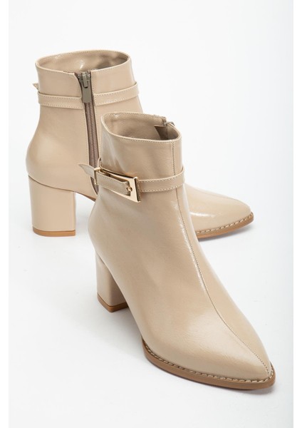 Bej Kadın Topuklu Bot Kırışık Rugan Sivri Kalıp Tan Tokalı