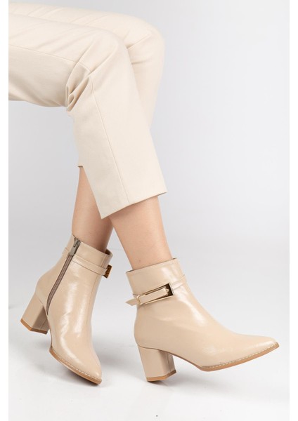 Bej Kadın Topuklu Bot Kırışık Rugan Sivri Kalıp Tan Tokalı fiyatları