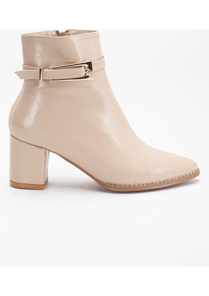 Bej Kadın Topuklu Bot Kırışık Rugan Sivri Kalıp Tan Tokalı modelleri