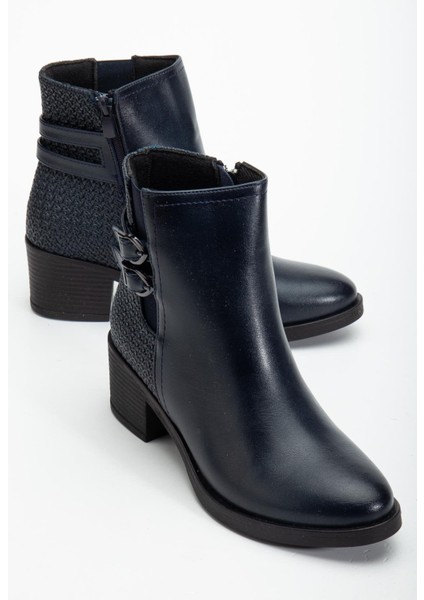 Lacivert Kadın Topuklu Bot Hasır Detaylı Suni Deri Tokalı