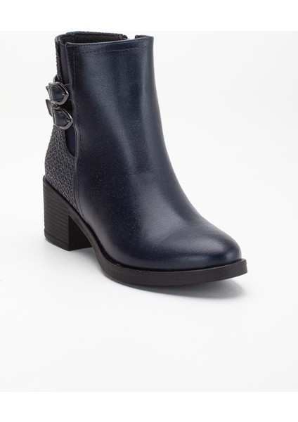 Lacivert Kadın Topuklu Bot Hasır Detaylı Suni Deri Tokalı fırsatları