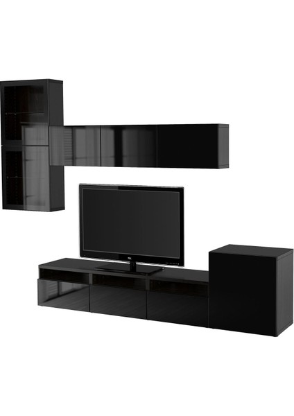 Tv Ünitesi, Venge-Parlak Cila-Siyah-Şeffaf Cam, 300X42X211 Cm, Glassvık/selsvıken, Fren Raylı
