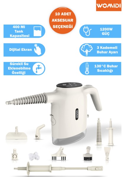 El Tipi Dijital Ekranlı Buharlı Temizleyici, Sürekli Su Doldurmalı, 10 Aparat, 400ML