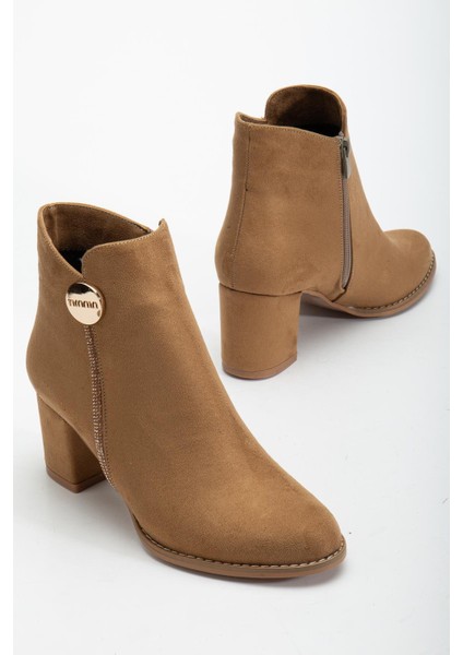 Taba Kadın Topuklu Bot Süet Taş Detaylı Yuvarlak Burun