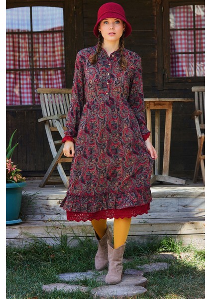 Düğme Detaylı Dantelli Uzun Kollu Elbise fiyatları