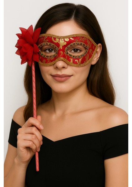Lüks Taşlı Saplı Maskeli Balo Maskesi Kırmızı Renk 35 cm (5313)
