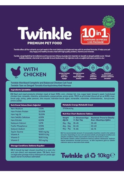 Tavuklu Kısırlaştırılmış Kedi Maması 10 kg – Düşük Tahıllı, Yüksek Proteinli, Ekonomik ve Sağlıklı Kuru Mama fiyatları