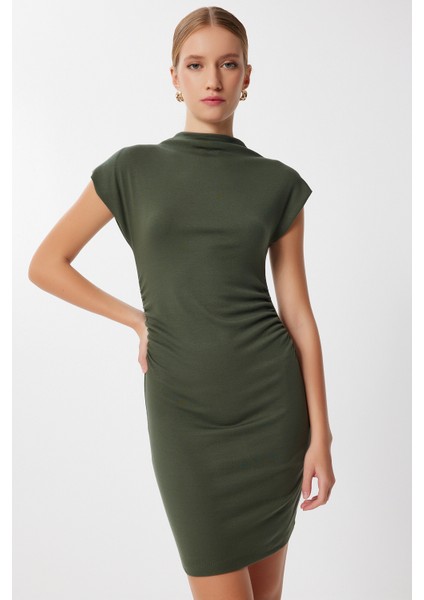 Büzgülü Saran Esnek Örme Mini Elbise LUB0234 Haki modelleri
