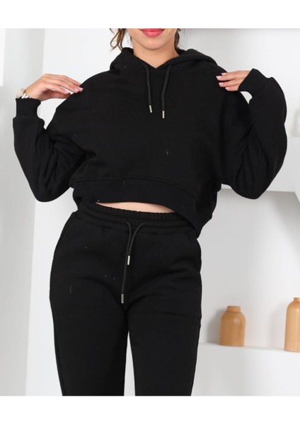 Beli Lastikli Kapüşonlu 3 Iplik Siyah Kadın Sweat Alt Üst Takım modelleri