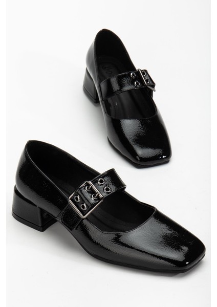 Kadın Kısa Topuklu Ayakkabı Siyah Rugan Baretli Küt Burun