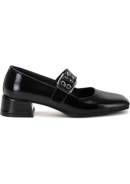Kadın Kısa Topuklu Ayakkabı Siyah Rugan Baretli Küt Burun modelleri