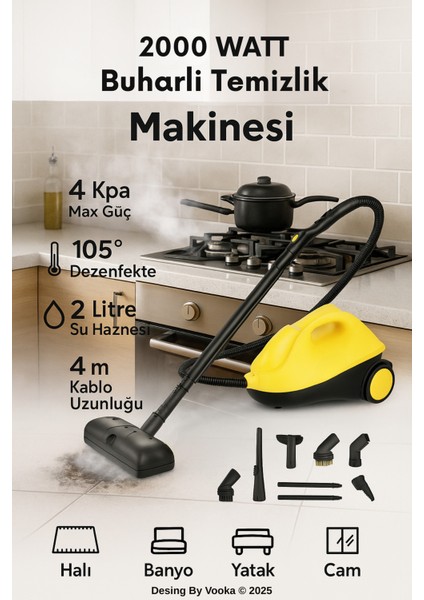 Güçlü 2000W Buharlı Temizlik Makinesi, 2l Su Hazneli, 4 Kpa Basınç, 105° Dezenfekte modelleri