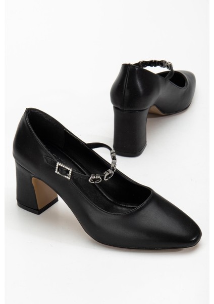 Kadın Stiletto Topuklu Ayakkabı Siyah Suni Deri Baret Taşlı Kalın Topuklu