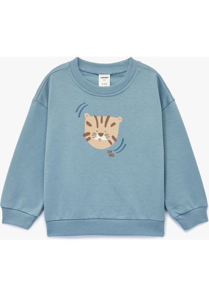 Pamuklu Uzun Kollu Bisiklet Yaka Kaplan Baskılı Oversize Sweatshirt