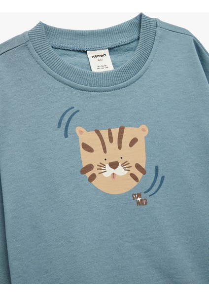 Pamuklu Uzun Kollu Bisiklet Yaka Kaplan Baskılı Oversize Sweatshirt modelleri