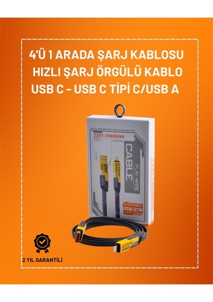 Msa-Shop 4'ü 1 Arada USB Hızlı Şarj ve Veri Kablosu – 65W Güç, Çoklu Bağlantı, 1.2m