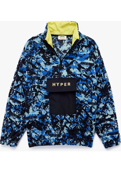 Uzun Kollu Dik Yaka Kapaklı Cepli Desenli Oversize Polar Sweatshirt