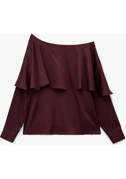 Uzun Kollu Kayık Yaka Asimetrik Kesim Saten Bluz