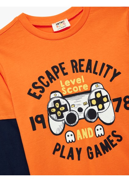 Uzun Kollu Pamuklu Bisiklet Yaka Baskılı Tişört modelleri